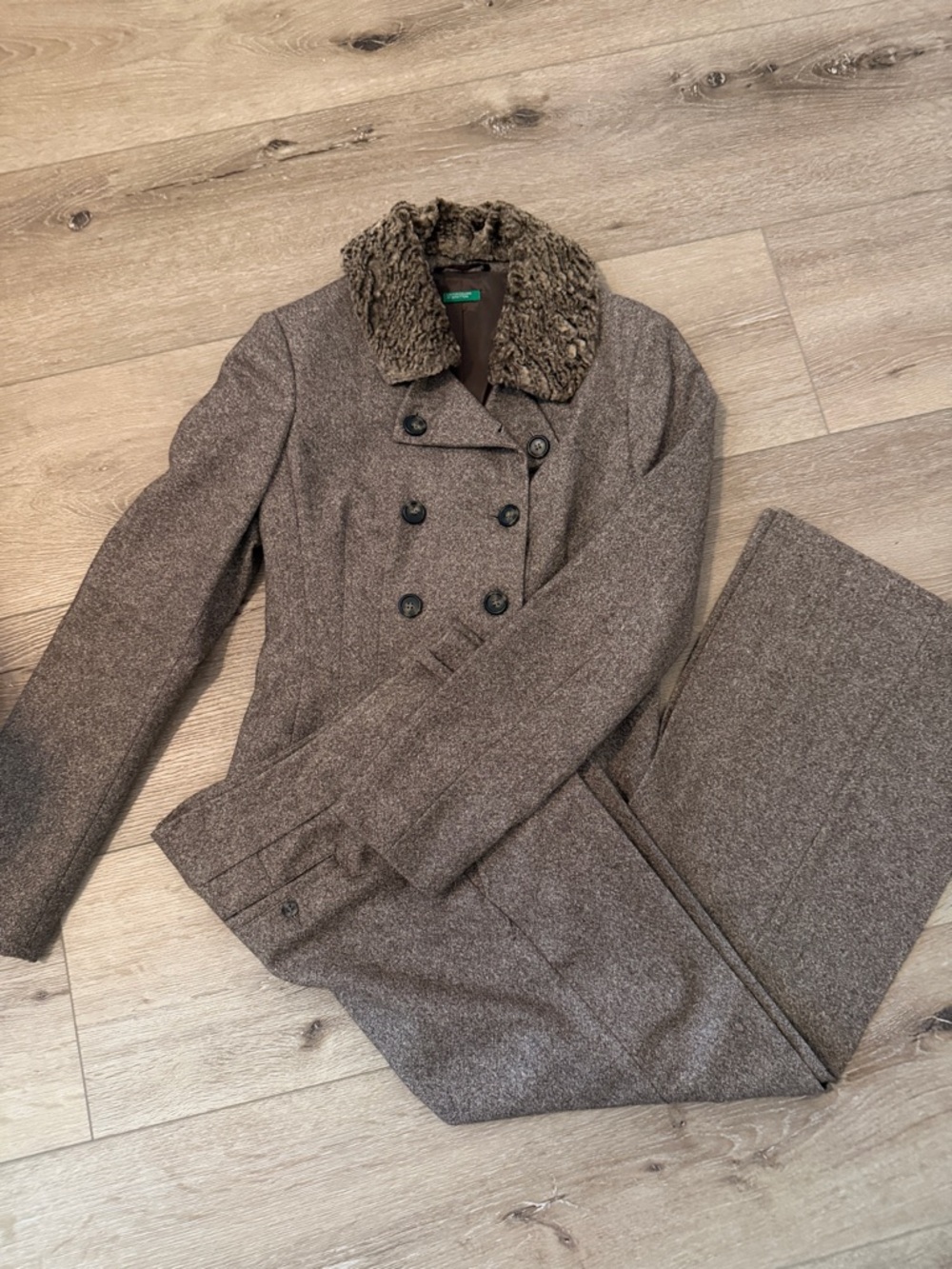 Womens Brown Double-Breasted Wool Coat with Faux Fur Collar size 10